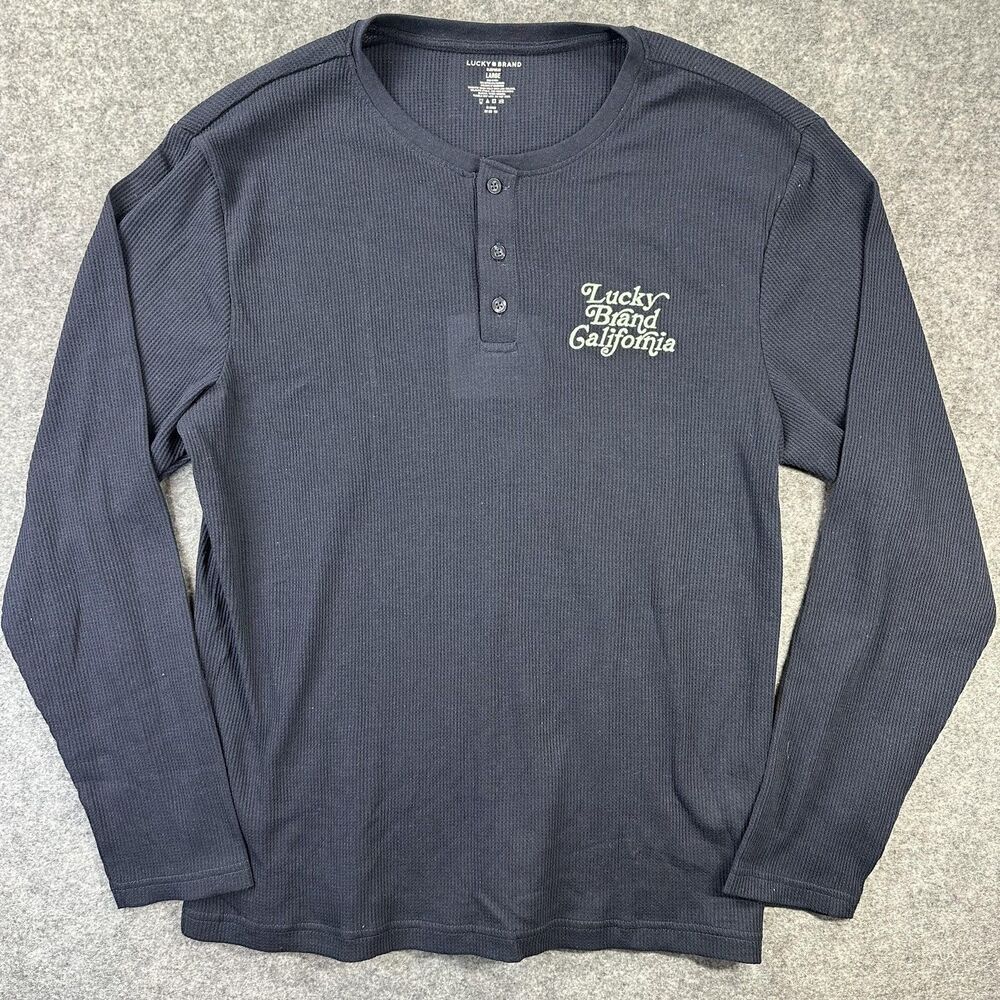 Lucky Brand Sleep Shirt Mens Large Blue Henley Thermal Knit Long Sleeve Lounge